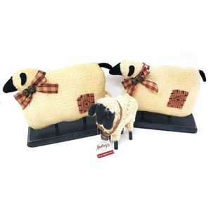 Lot of 3 Audrey's Home Decorations of "Sheep" made of Wood & Fabric Mix NWT
